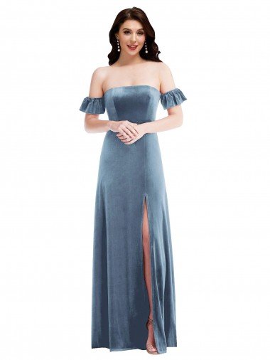 Discount Ruffle Sleeve Off the Shoulder Velvet Maxi Prom Dress