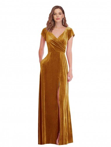 Discount Cap Sleeve Faux Wrap Velvet Maxi Prom Dress with Pockets