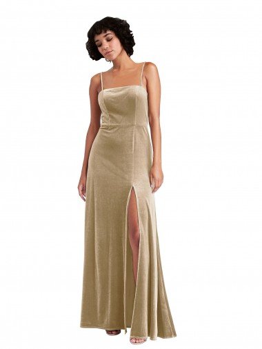 Discount Square Neck Velvet Maxi Prom Dress with Front Slit & Pockets