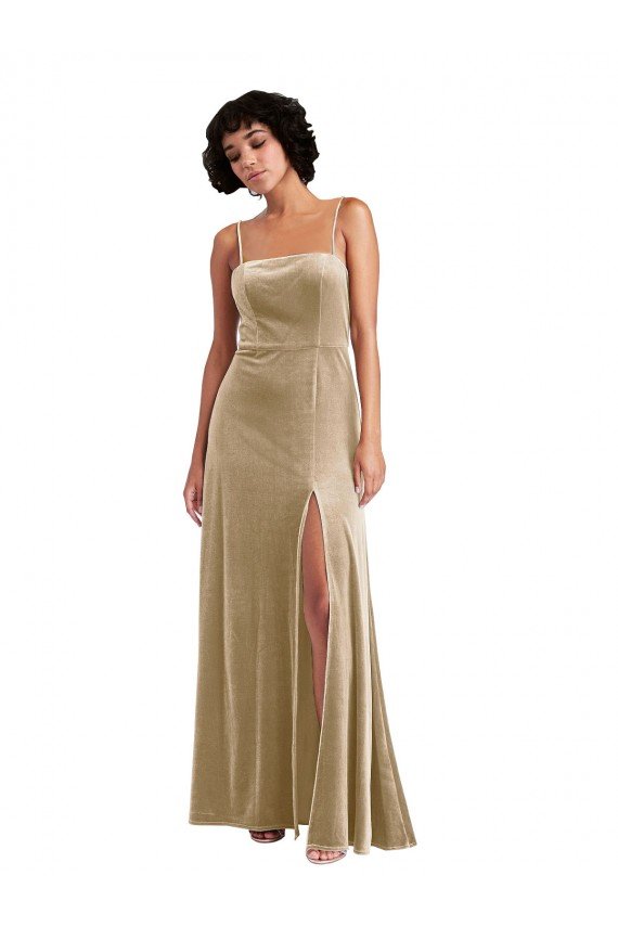 Square Neck Velvet Maxi Prom Dress with Front Slit & Pockets