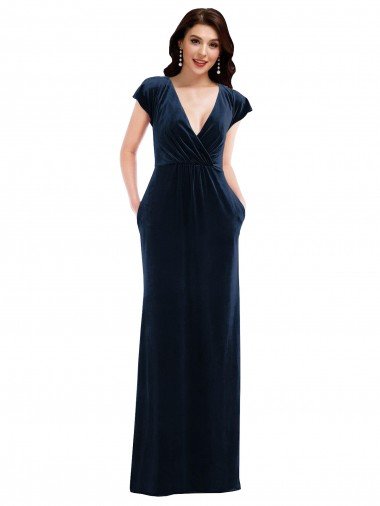 Discount Flutter Sleeve Wrap Bodice Velvet Maxi Prom Dress with Pockets