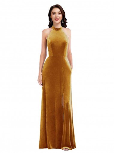 Discount High-Neck Halter Velvet Maxi Prom Dress with Front Slit