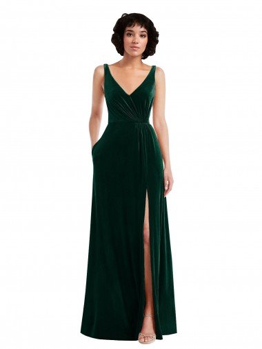Discount Floor Length Velvet Maxi Prom Dress with Shirred Bodice and Front Slit