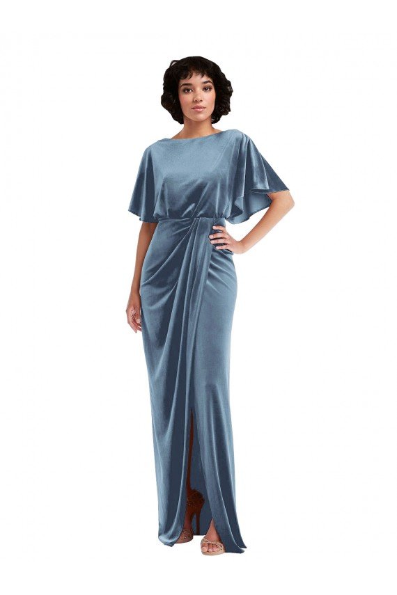 Flutter Sleeve Open Back Velvet Maxi Prom Dress with Pockets & Draped Wrap Skirt