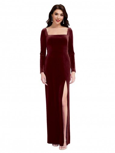 Discount Sleek Square Neck Spaghetti Straps Velvet Prom Dress with Side Slit