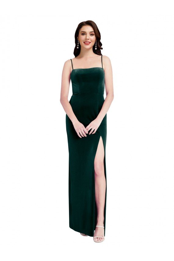 Straight Neckline Spaghetti Straps Long Velvet Prom Dress with High Side Slit