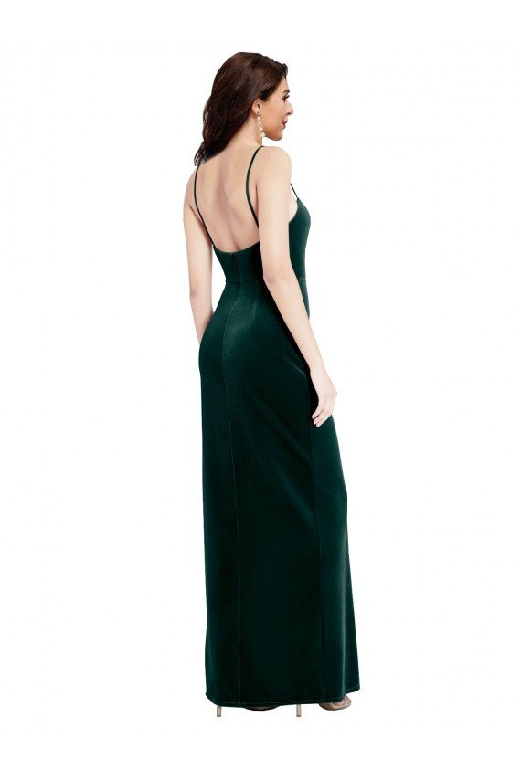 Straight Neckline Spaghetti Straps Long Velvet Prom Dress with High Side Slit
