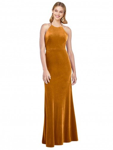 Discount Halter Neckline Long Full Length Velvet Prom Dress with Strappy Back