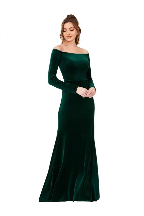 Off the Shoulder Long Sleeves Stretch Velvet Prom Dress