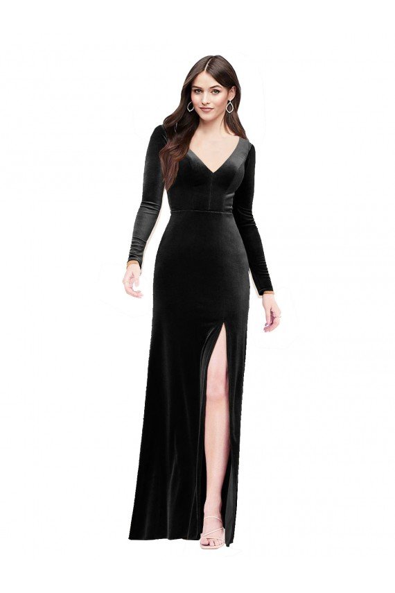 Long Sleeves Velvet Prom Dress with V-Neckline and Thigh Slit
