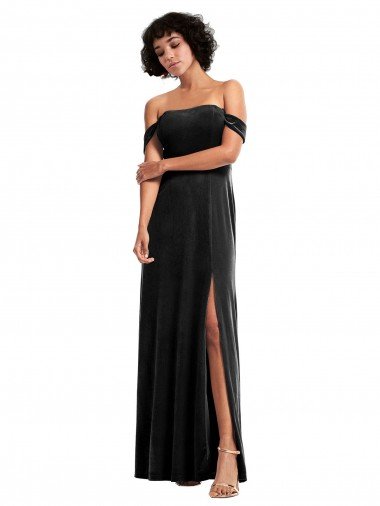 Discount Off the Shoulder Drapped Sleeves Stretch Velvet Prom Dress