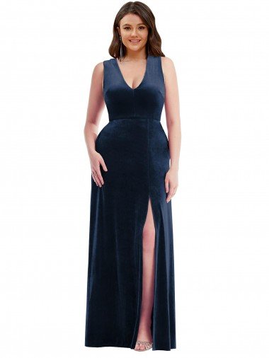 Discount Deep V-Neck Sleeveless Velvet Maxi Prom Dress with Pockets