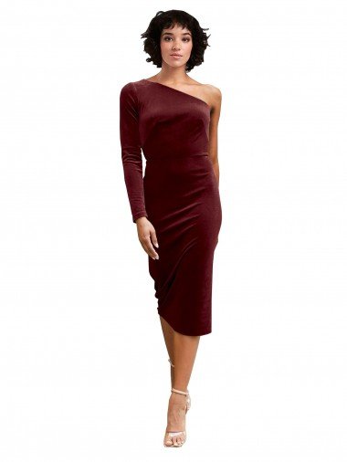 Discount One Shoulder Fitted Short Midi Length Velvet Prom Dress