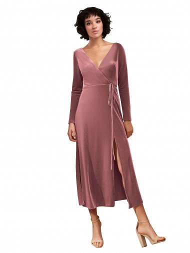 Discount Long Sleeve Velvet Faux Wrap Midi Length Prom Dress