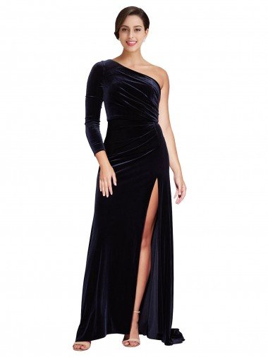 Discount One Sleeve Long Velvet Prom Dress with Thigh High Split