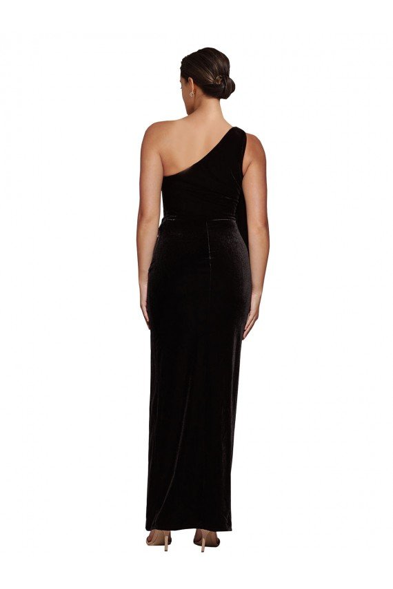 One Shoulder Long Velvet Prom Dress with Side Split and Shoulder Tie